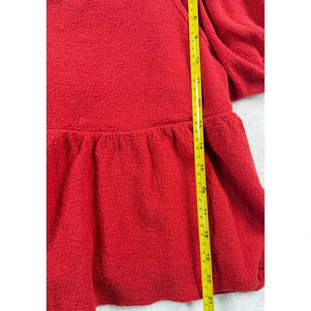 Madewell Red Square Neck Puff Sleeve Peplum Textured Blouse Top Medium Romantic